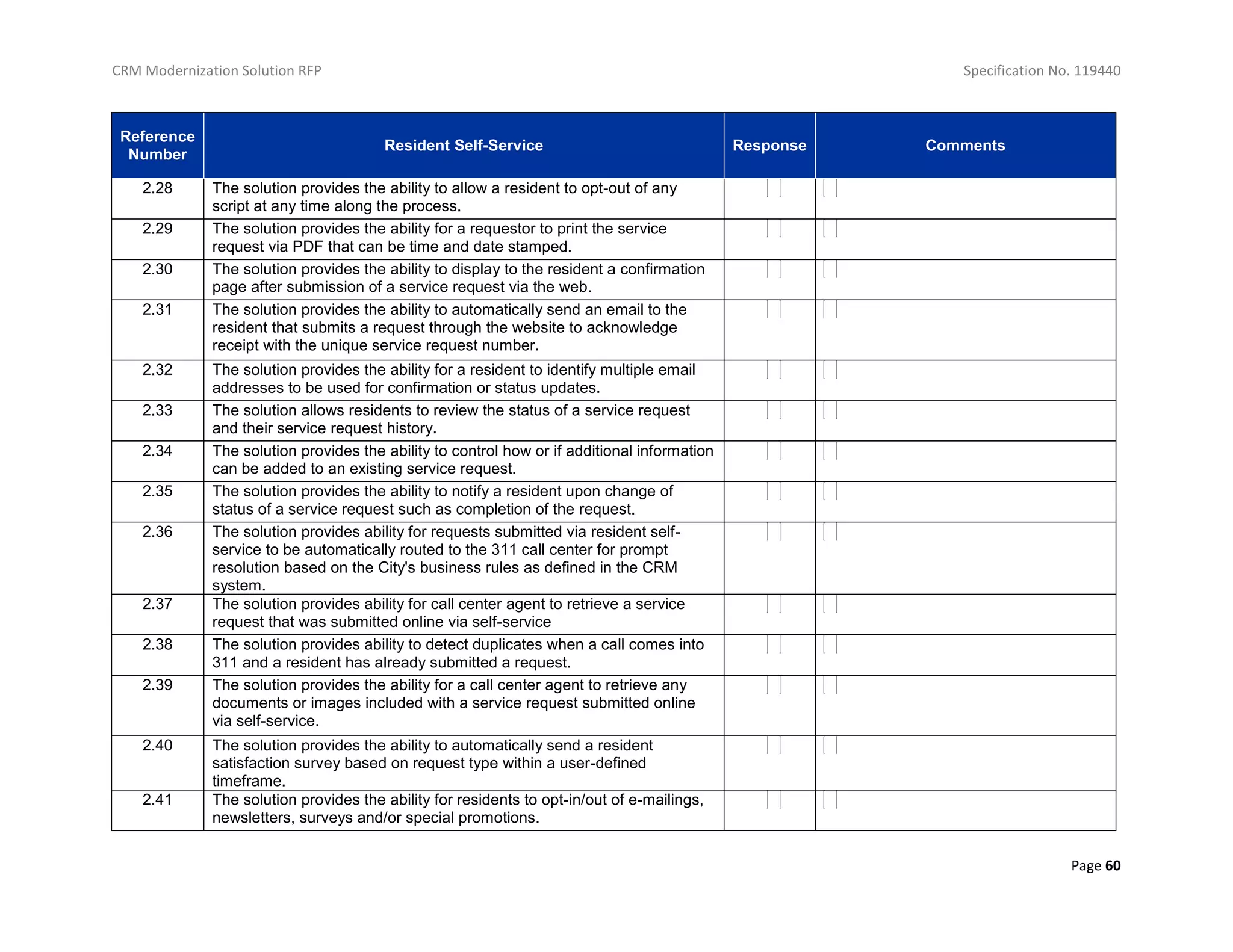 CRM Modernization Solution RFP Specification No. 119440
Page 60
Reference
Number
Resident Self-Service Response Comments
2.28 The solution provides the ability to allow a resident to opt-out of any
script at any time along the process.
2.29 The solution provides the ability for a requestor to print the service
request via PDF that can be time and date stamped.
2.30 The solution provides the ability to display to the resident a confirmation
page after submission of a service request via the web.
2.31 The solution provides the ability to automatically send an email to the
resident that submits a request through the website to acknowledge
receipt with the unique service request number.
2.32 The solution provides the ability for a resident to identify multiple email
addresses to be used for confirmation or status updates.
2.33 The solution allows residents to review the status of a service request
and their service request history.
2.34 The solution provides the ability to control how or if additional information
can be added to an existing service request.
2.35 The solution provides the ability to notify a resident upon change of
status of a service request such as completion of the request.
2.36 The solution provides ability for requests submitted via resident self-
service to be automatically routed to the 311 call center for prompt
resolution based on the City's business rules as defined in the CRM
system.
2.37 The solution provides ability for call center agent to retrieve a service
request that was submitted online via self-service
2.38 The solution provides ability to detect duplicates when a call comes into
311 and a resident has already submitted a request.
2.39 The solution provides the ability for a call center agent to retrieve any
documents or images included with a service request submitted online
via self-service.
2.40 The solution provides the ability to automatically send a resident
satisfaction survey based on request type within a user-defined
timeframe.
2.41 The solution provides the ability for residents to opt-in/out of e-mailings,
newsletters, surveys and/or special promotions.
 