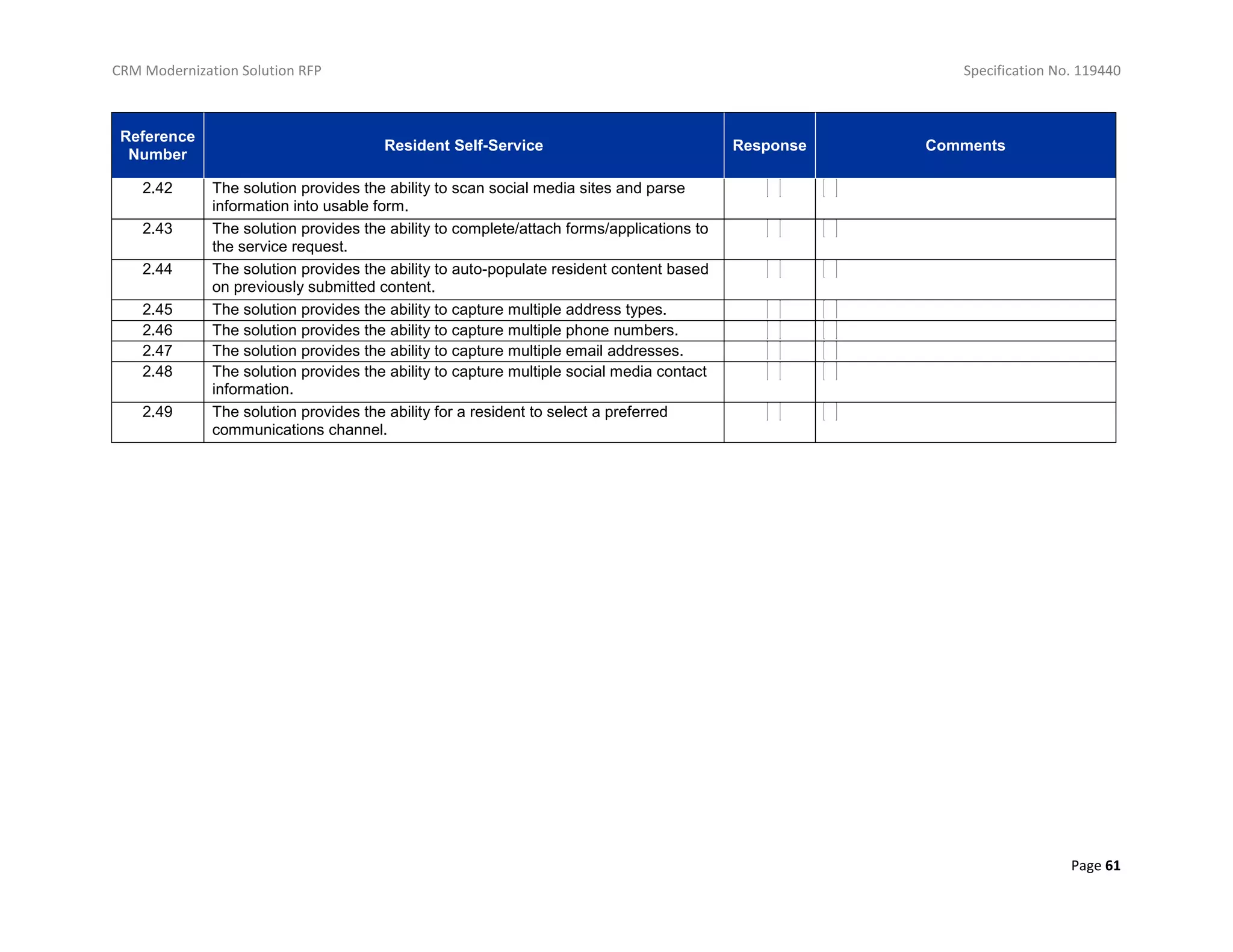CRM Modernization Solution RFP Specification No. 119440
Page 61
Reference
Number
Resident Self-Service Response Comments
2.42 The solution provides the ability to scan social media sites and parse
information into usable form.
2.43 The solution provides the ability to complete/attach forms/applications to
the service request.
2.44 The solution provides the ability to auto-populate resident content based
on previously submitted content.
2.45 The solution provides the ability to capture multiple address types.
2.46 The solution provides the ability to capture multiple phone numbers.
2.47 The solution provides the ability to capture multiple email addresses.
2.48 The solution provides the ability to capture multiple social media contact
information.
2.49 The solution provides the ability for a resident to select a preferred
communications channel.
 