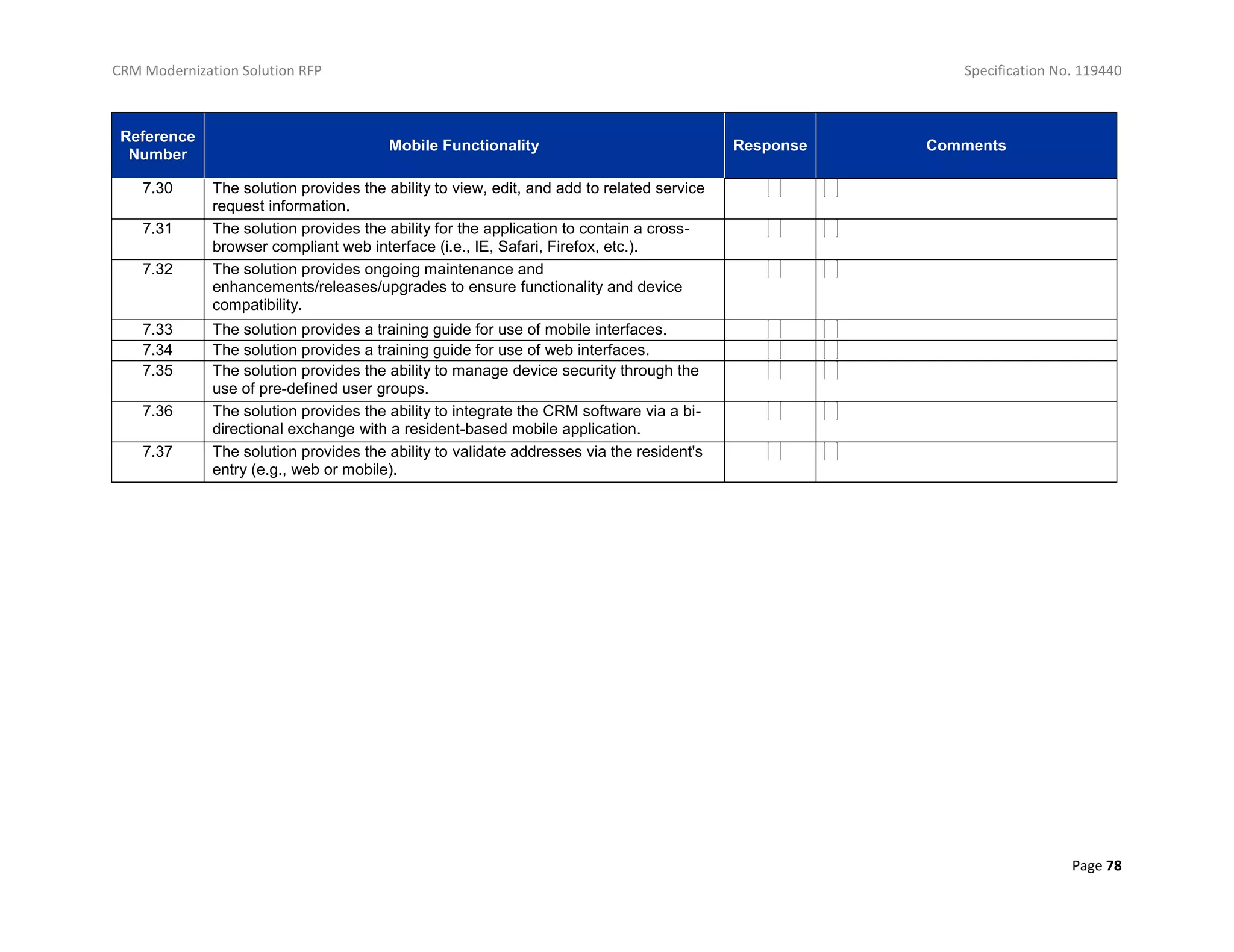 CRM Modernization Solution RFP Specification No. 119440
Page 78
Reference
Number
Mobile Functionality Response Comments
7.30 The solution provides the ability to view, edit, and add to related service
request information.
7.31 The solution provides the ability for the application to contain a cross-
browser compliant web interface (i.e., IE, Safari, Firefox, etc.).
7.32 The solution provides ongoing maintenance and
enhancements/releases/upgrades to ensure functionality and device
compatibility.
7.33 The solution provides a training guide for use of mobile interfaces.
7.34 The solution provides a training guide for use of web interfaces.
7.35 The solution provides the ability to manage device security through the
use of pre-defined user groups.
7.36 The solution provides the ability to integrate the CRM software via a bi-
directional exchange with a resident-based mobile application.
7.37 The solution provides the ability to validate addresses via the resident's
entry (e.g., web or mobile).
 