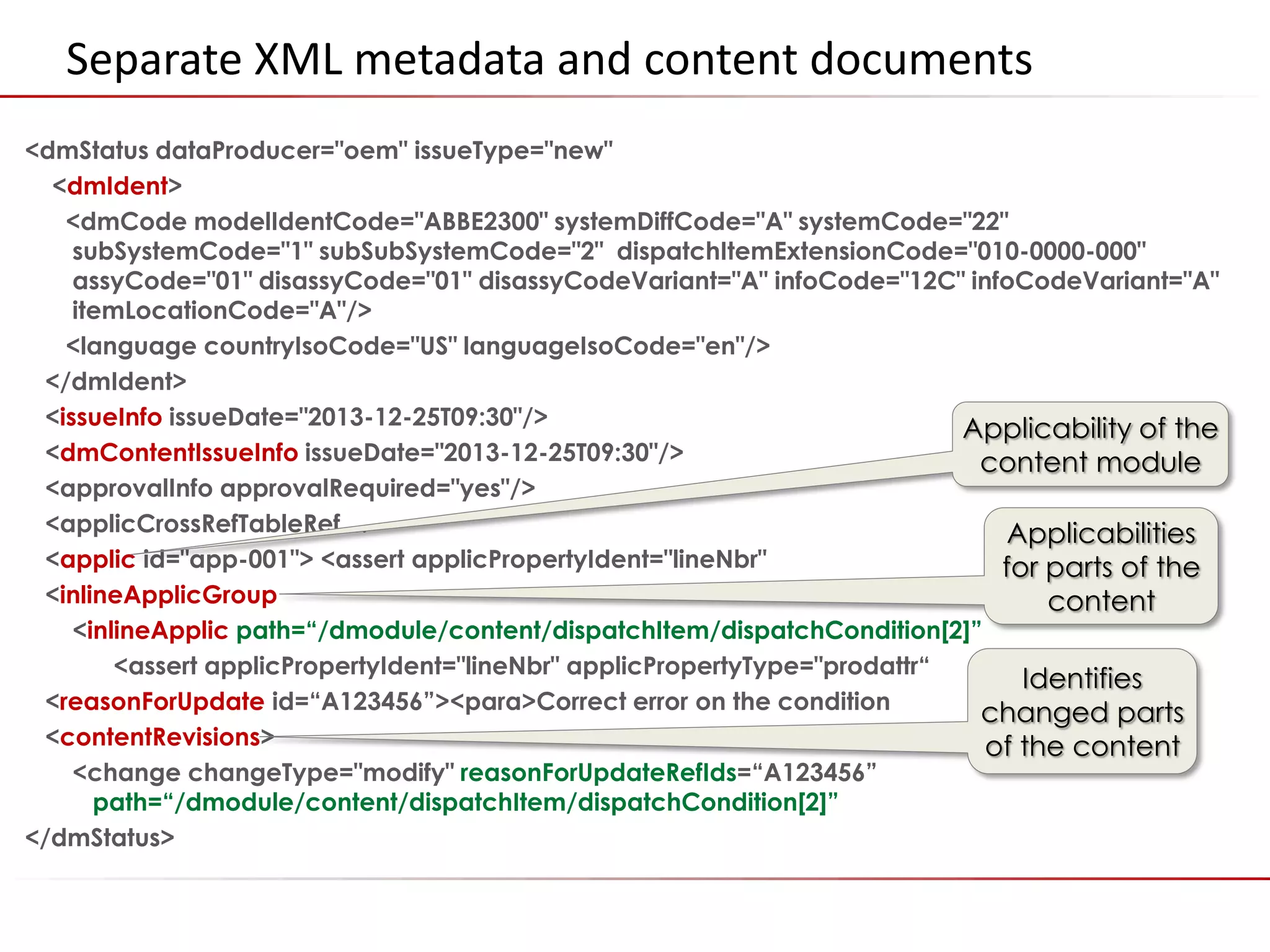 ©2014 Flatirons Solutions, Inc. All rights reserved.
Separate XML metadata and content documents
<dmStatus dataProducer="oem" issueType="new"
<dmIdent>
<dmCode modelIdentCode="ABBE2300" systemDiffCode="A" systemCode="22"
subSystemCode="1" subSubSystemCode="2" dispatchItemExtensionCode="010-0000-000"
assyCode="01" disassyCode="01" disassyCodeVariant="A" infoCode="12C" infoCodeVariant="A"
itemLocationCode="A"/>
<language countryIsoCode="US" languageIsoCode="en"/>
</dmIdent>
<issueInfo issueDate="2013-12-25T09:30"/>
<dmContentIssueInfo issueDate="2013-12-25T09:30"/>
<approvalInfo approvalRequired="yes"/>
<applicCrossRefTableRef ...
<applic id="app-001"> <assert applicPropertyIdent="lineNbr"
<inlineApplicGroup
<inlineApplic path=“/dmodule/content/dispatchItem/dispatchCondition[2]”
<assert applicPropertyIdent="lineNbr" applicPropertyType="prodattr“
<reasonForUpdate id=“A123456”><para>Correct error on the condition
<contentRevisions>
<change changeType="modify" reasonForUpdateRefIds=“A123456”
path=“/dmodule/content/dispatchItem/dispatchCondition[2]”
</dmStatus>
Applicability of the
content module
Applicabilities
for parts of the
content
Identifies
changed parts
of the content
 