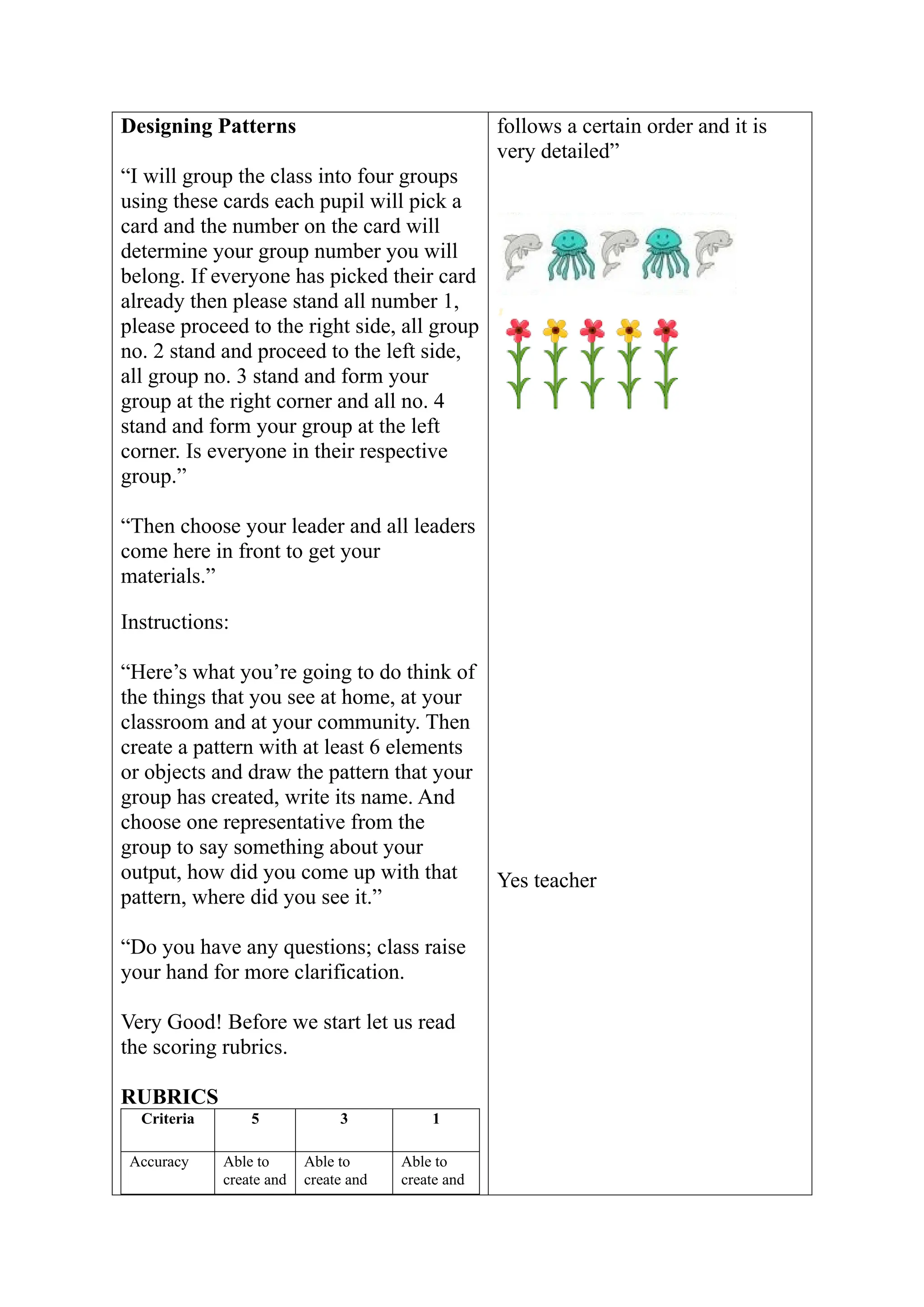 Designing Patterns
“I will group the class into four groups
using these cards each pupil will pick a
card and the number on the card will
determine your group number you will
belong. If everyone has picked their card
already then please stand all number 1,
please proceed to the right side, all group
no. 2 stand and proceed to the left side,
all group no. 3 stand and form your
group at the right corner and all no. 4
stand and form your group at the left
corner. Is everyone in their respective
group.”
“Then choose your leader and all leaders
come here in front to get your
materials.”
Instructions:
“Here’s what you’re going to do think of
the things that you see at home, at your
classroom and at your community. Then
create a pattern with at least 6 elements
or objects and draw the pattern that your
group has created, write its name. And
choose one representative from the
group to say something about your
output, how did you come up with that
pattern, where did you see it.”
“Do you have any questions; class raise
your hand for more clarification.
Very Good! Before we start let us read
the scoring rubrics.
RUBRICS
Criteria 5 3 1
Accuracy Able to
create and
Able to
create and
Able to
create and
follows a certain order and it is
very detailed”
Yes teacher
 