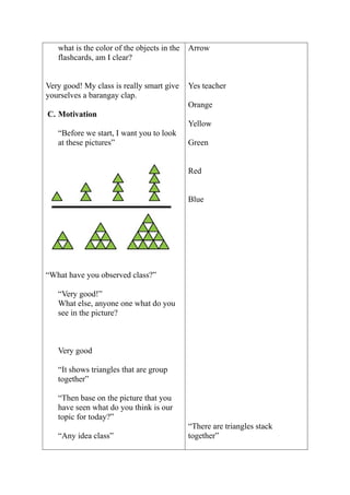 what is the color of the objects in the
flashcards, am I clear?
Very good! My class is really smart give
yourselves a barangay clap.
C. Motivation
“Before we start, I want you to look
at these pictures”
“What have you observed class?”
“Very good!”
What else, anyone one what do you
see in the picture?
Very good
“It shows triangles that are group
together”
“Then base on the picture that you
have seen what do you think is our
topic for today?”
“Any idea class”
Arrow
Yes teacher
Orange
Yellow
Green
Red
Blue
“There are triangles stack
together”
 