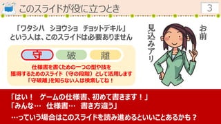 このスライドが役に立つとき 3
「ワタシハ シヨウショ チョットデキル」
という人は、このスライドは必要ありません
「はい！ ゲームの仕様書、初めて書きます！」
「みんな… 仕様書… 書き方違う」
…っていう場合はこのスライドを読み進めるといいことあるかも？
お
前
見
込
み
ア
リ守 破 離
仕様書を書くための一つの型や技を
獲得するためのスライド（守の段階）として活用します
「守破離」を知らない人は検索してね！
 