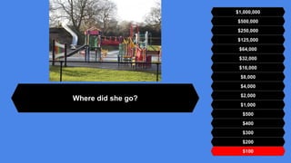 $500,000
$250,000
$125,000
$64,000
$32,000
$16,000
$8,000
$4,000
$2,000
$1,000
$500
$400
$300
$200
$100
$1,000,000
Where did she go?
 