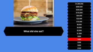 $500,000
$250,000
$125,000
$64,000
$32,000
$16,000
$8,000
$4,000
$2,000
$1,000
$500
$400
$300
$200
$100
$1,000,000
What did she eat?
 