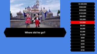 $500,000
$250,000
$125,000
$64,000
$32,000
$16,000
$8,000
$4,000
$2,000
$1,000
$500
$400
$300
$200
$100
$1,000,000
Where did he go?
 