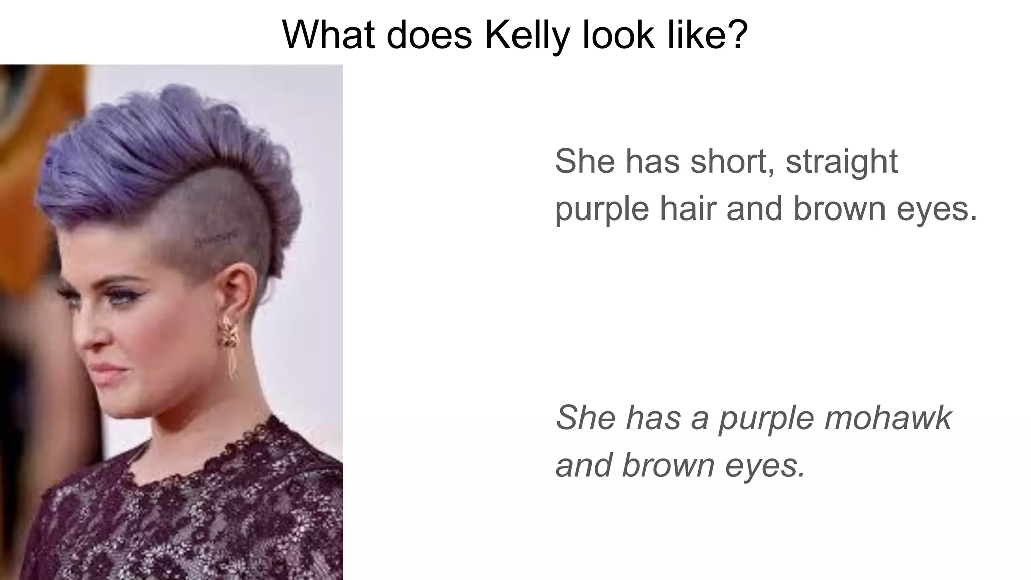 What does Kelly look like?
She has short, straight
purple hair and brown eyes.
She has a purple mohawk
and brown eyes.
 