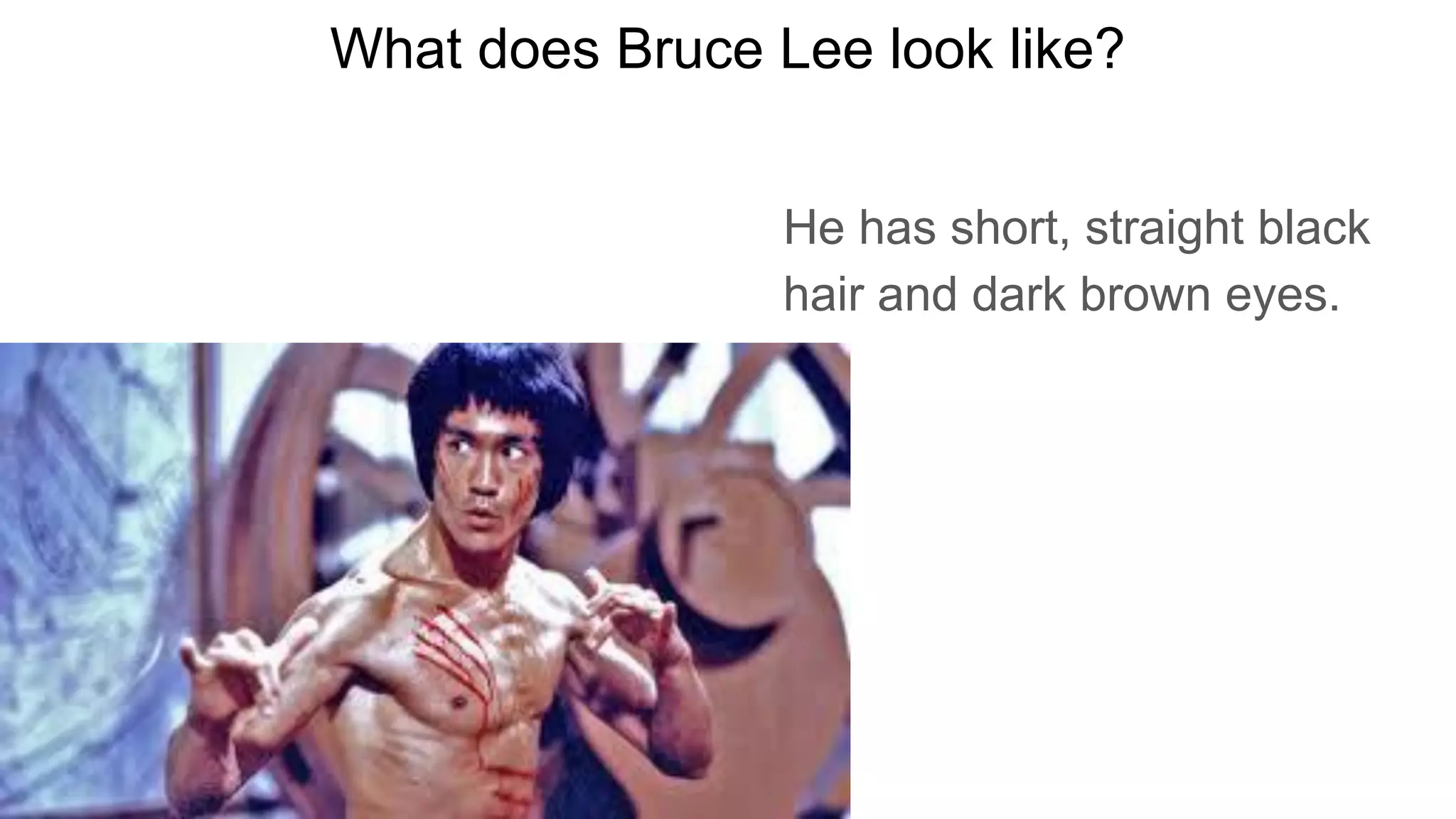 What does Bruce Lee look like?
He has short, straight black
hair and dark brown eyes.
 