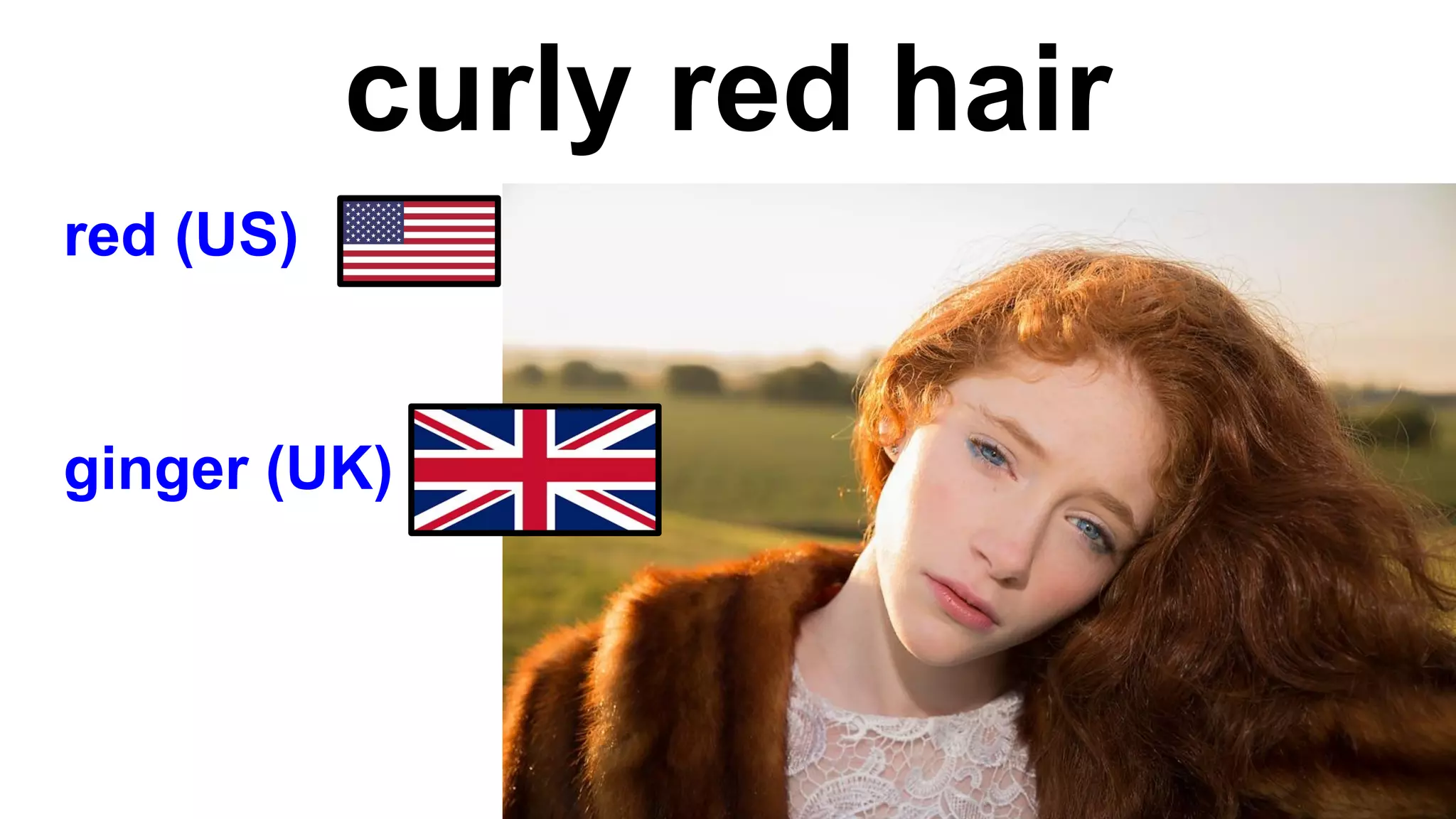 curly red hair
red (US)
ginger (UK)
 