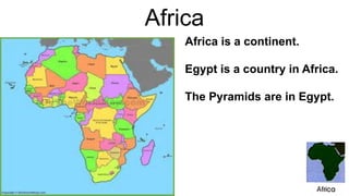 Africa
Africa is a continent.
Egypt is a country in Africa.
The Pyramids are in Egypt.
 