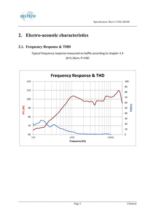 Specification: Box1-13102-2B100
Page 3 ©Seltech
2. Electro-acoustic characteristics
2.1. Frequency Response & THD
Typical frequency response measured on baffle according to chapter 2.4
(d=3.16cm, P=1W)
0
10
20
30
40
50
60
70
80
90
100
60
70
80
90
100
110
120
100 1000 10000
THD[%]
SPL[dB]
Frequency [Hz]
Frequency Response & THD
 