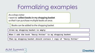 Formalizing examples
As a shop visitor
I want to collect books in my shopping basket
so that I can purchase multiple books...