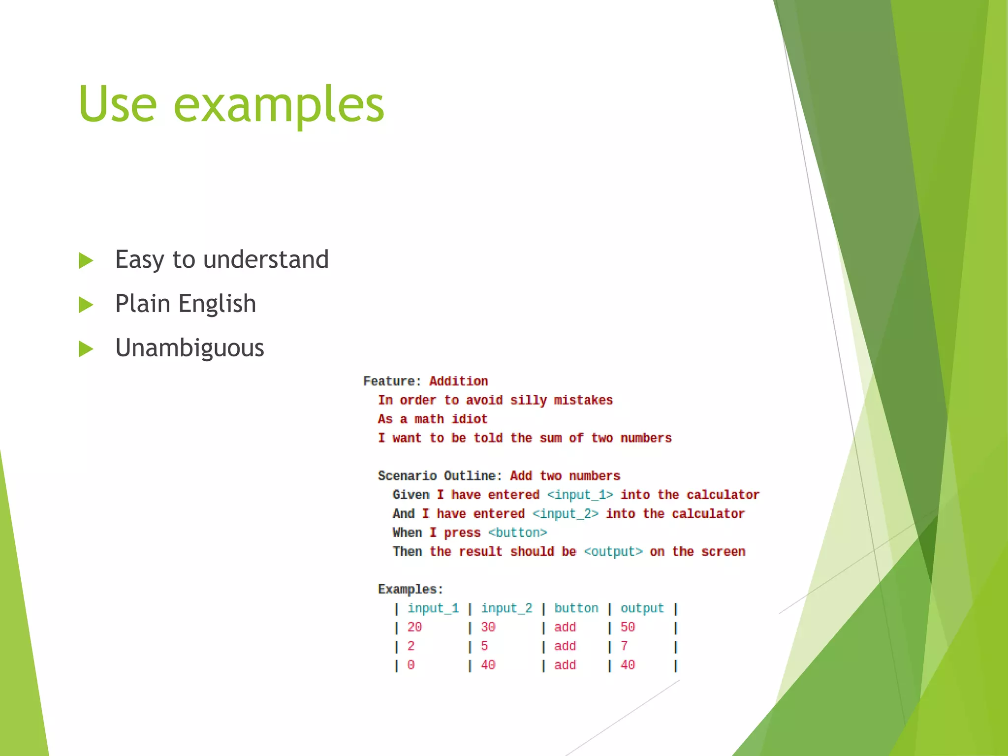 Use examples
 Easy to understand
 Plain English
 Unambiguous
 