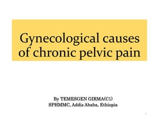 Gynecological causes
of chronic pelvic pain
By TEMESGEN GIRMA(C1)
SPHMMC, Addis Ababa, Ethiopia
1
 