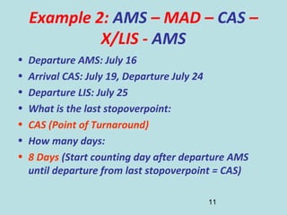 11
Example 2: AMS – MAD – CAS –
X/LIS - AMS
• Departure AMS: July 16
• Arrival CAS: July 19, Departure July 24
• Departure LIS: July 25
• What is the last stopoverpoint:
• CAS (Point of Turnaround)
• How many days:
• 8 Days (Start counting day after departure AMS
until departure from last stopoverpoint = CAS)
 