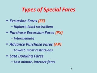 3
Types of Special Fares
• Excursion Fares (EE)
– Highest, least restrictions
• Purchase Excursion Fares (PX)
– Intermediate
• Advance Purchase Fares (AP)
– Lowest, most restrictions
• Late Booking Fares
– Last minute, internet fares
 