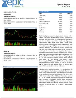 _____________________________________________________________________________________________________________________
Special Report
09 –APR -2019
NCDEX INDICES
Index Value % Change
Castor Seed 4100 -0.46
Chana 6268 -1.72
Coriander 1936 -1.14
Cotton Seed Oilcake 4146.5 0.33
Guar Seed 10 MT 15440 0.03
Jeera 3840 -0.42
Mustardseed 3637 -0.55
Soy Bean 6238 0.64
Turmeric 6148 0.29
RECOMMENDATIONS
GUARGUM5
TRADING STRATEGY:
BUY GUARGUM APR ABOVE 9020 TGT 9050/9110/9160 SL
BELOW 8970
SELL GUARGUM APR BELOW 8909 TGT 8879/8819/8769 SL
ABOVE 8959
DHANIYA
TRADING STRATEGY:
BUY DHANIYA APRIL ABOVE 7316 TGT 7331/7391/7461 SL
BELOW 7286
SELL DHANIYA APRIL BELOW 7144 TGT 7129/7069/6999 SL
ABOVE 7174
World food prices were broadly stable in March, with a
jump in dairy prices offset by drops in cereal, vegetable oil
and sugar price quotations, the United Nations food agency
said in its latest report.The Food and Agriculture
Organization's (FAO) food price index,, which tracks
monthly changes in international prices of a basket of food
commodities, averaged 167 points, down two points from
February and some 3.6% below its level in March 2018.
The FAO Dairy Price Index rose 6.2% during the month,
marking its third consecutive increase, driven by increased
import demand for butter, cheese and Whole Milk Powder,
ahead of an expected tightening in export availabilities from
Oceania.The FAO Meat Price Index also rose though slightly,
by 0.4% from February, buoyed by growing import demand
from China for pig, bovine and poultry meats.
By contrast, the FAO Vegetable Oil Price Index declined by
4.4% amid subdued import demand for palm oil, increased
soy oil crushing in the United States of America and
accumulating rapeseed inventories in Canada.
The FAO Cereal Price Index dropped 2.2% in the month, led
by declining prices of wheat and maize, both of which have
ample exportable supplies and favorable harvest prospects
in key producing countries. International rice prices were
mildly firmer in March.The FAO Sugar Price Index declined
by 2.1%, as harvests in key producing countries were larger
than previously anticipated. India's latest production
estimates point to an 8.0% year-on-year increase during the
period from October 2018 through January 2019 and is now
expected to overtake Brazil as the world's largest sugar
producer.
 