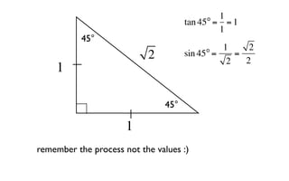 o  1
                                      tan 45 = = 1
                                              1
           45°
                                           o   1     2
                           2          sin 45 =
                                                2
                                                  =
                                                    2
    1

                                45°

                      1
remember the process not the values :)
 