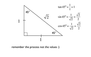 o  1
                                      tan 45 = = 1
                                              1
           45°
                                           o   1     2
                           2          sin 45 =
                                                2
                                                  =
                                                    2
    1
                                           o   1     2
                                      cos 45 =    =
                                                2   2
                                45°

                      1
remember the process not the values :)
 