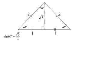 30°

                    2                 2
                             3

              60°                         60°

     o    3             1         1
sin 60 =
         2
 