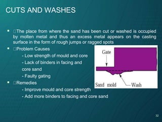 32
CUTS AND WASHES
 The place from where the sand has been cut or washed is occupied
by molten metal and thus an excess metal appears on the casting
surface in the form of rough jumps or ragged spots
 Problem Causes
- Low strength of mould and core
- Lack of binders in facing and
core sand
- Faulty gating
 Remedies
- Improve mould and core strength
- Add more binders to facing and core sand
 