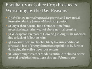  
1) 30% below normal vegetative growth and new nodal formation during January-March 2014 period 
 
2) Dryer than normal June-October timeframe necessitating another year of above normal pruning 
 
3) Widespread Premature Flowering in August has aborted due to lack of follow on rains 
 
4) Excessive heat in October likely to cause additional stress and loss of cherry formation capabilities by further damaging the coffee trees root system 
 
5) Longer range weather Models continue to show a below normal precipitation pattern through February 2015  