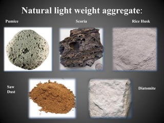 Natural light weight aggregate:
Pumice Scoria Rice Husk
Saw
Dust
Diatomite
 