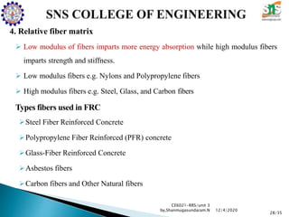 4. Relative fiber matrix
 Low modulus of fibers imparts more energy absorption while high modulus fibers
imparts strength and stiffness.
 Low modulus fibers e.g. Nylons and Polypropylene fibers
 High modulus fibers e.g. Steel, Glass, and Carbon fibers
Types fibers used in FRC
Steel Fiber Reinforced Concrete
Polypropylene Fiber Reinforced (PFR) concrete
Glass-Fiber Reinforced Concrete
Asbestos fibers
Carbon fibers and Other Natural fibers
CE6021-RRS/unit 3
by,Shanmugasundaram.N
28/35
12/4/2020
 