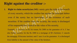 Right against the creditor :-
i. Right to claim security(sec.141): surety gets the right to the benefit
of every security, which the creditor has against the principal debtor
even if the surety has no knowledge of the existence of such
securities. If the creditor loses the security, the surety is discharged
of his responsibilities limited to the value of his security.
Example:- C advances to B, his tenant, Rs 2000 on the guarantee of A. C has
also further security for the Rs 2000 in a mortgage of B’s furniture. C cancels
the mortgage. B become insolent, and C sues A on his guarantee. A is discharged
from liability to the amount of the value of the furniture.
 