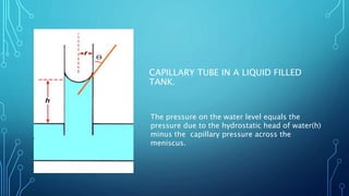 CAPILLARY TUBE IN A LIQUID FILLED
TANK.
The pressure on the water level equals the
pressure due to the hydrostatic head of water(h)
minus the capillary pressure across the
meniscus.
 