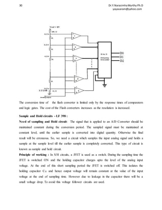 30 Dr.Y.Narasimha Murthy Ph.D 
yayavaram@yahoo.com 
The conversion time of the flash converter is limited only by the response times of comparators 
and logic gates. The cost of the Flash converters increases as the resolution is increased. 
Sample and Hold circuits - LF 398 : 
Need of sampling and Hold circuit: The signal that is applied to an A/D Converter should be 
maintained constant during the conversion period. The sampled signal must be maintained at 
constant level, until the earlier sample is converted into digital quantity. Otherwise the final 
result will be erroneous. So, we need a circuit which samples the input analog signal and holds a 
sample at the sample level till the earlier sample is completely converted. This type of circuit is 
known as sample and hold circuit. 
Principle of working : In S/H circuits, a JFET is used as a switch. During the sampling time the 
JFET is switched ON and the holding capacitor charges upto the level of the analog input 
voltage. At the end of this short sampling period the JFET is switched off. This isolates the 
holding capacitor CH and hence output voltage will remain constant at the value of the input 
voltage at the end of sampling time. However due to leakage in the capacitor there will be a 
small voltage drop. To avoid this voltage follower circuits are used. 
 
