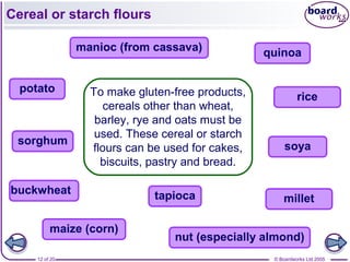 © Boardworks Ltd 200512 of 20
To make gluten-free products,
cereals other than wheat,
barley, rye and oats must be
used. These cereal or starch
flours can be used for cakes,
biscuits, pastry and bread.
Cereal or starch flours
rice
potato
manioc (from cassava)
maize (corn)
quinoa
tapiocabuckwheat
nut (especially almond)
sorghum soya
millet
 