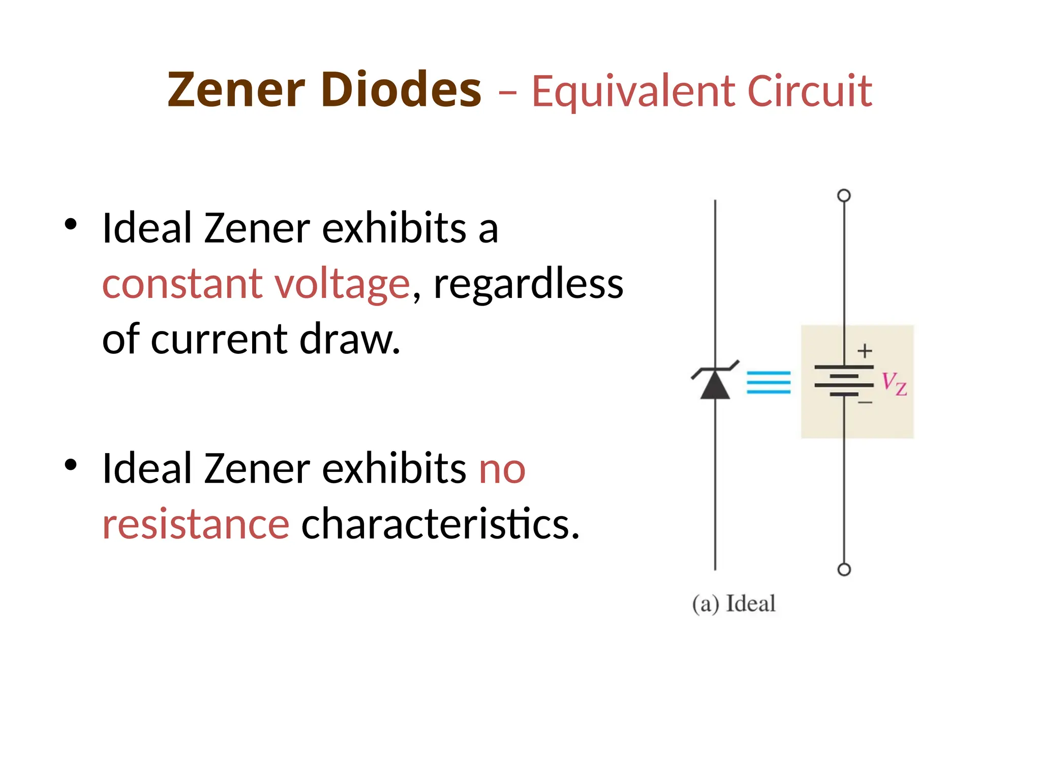 Zener Diodes – Equivalent Circuit
• Ideal Zener exhibits a
constant voltage, regardless
of current draw.
• Ideal Zener exhibits no
resistance characteristics.
 