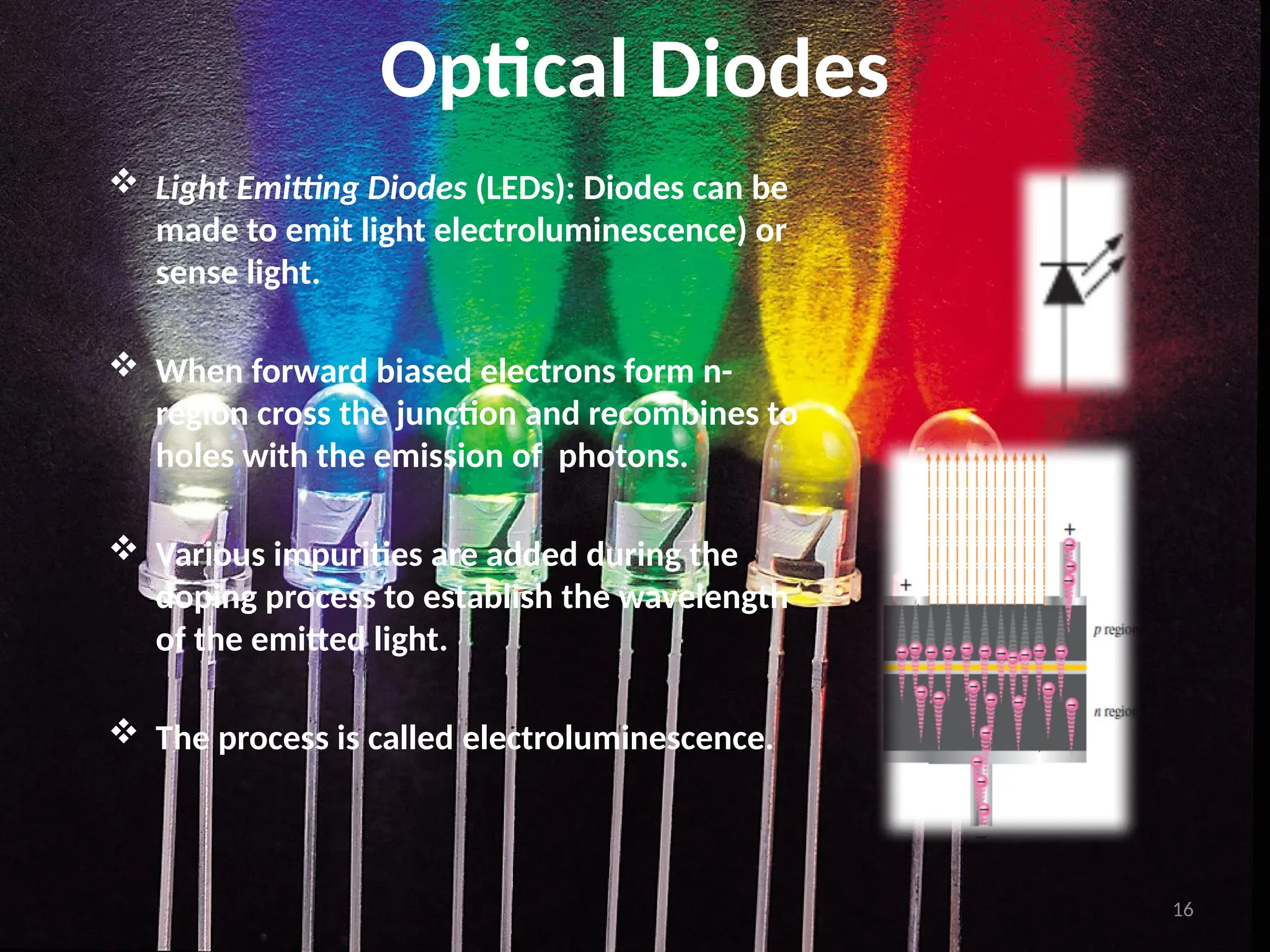Optical Diodes
 Light Emitting Diodes (LEDs): Diodes can be
made to emit light electroluminescence) or
sense light.
 When forward biased electrons form n-
region cross the junction and recombines to
holes with the emission of photons.
 Various impurities are added during the
doping process to establish the wavelength
of the emitted light.
 The process is called electroluminescence.
16
 