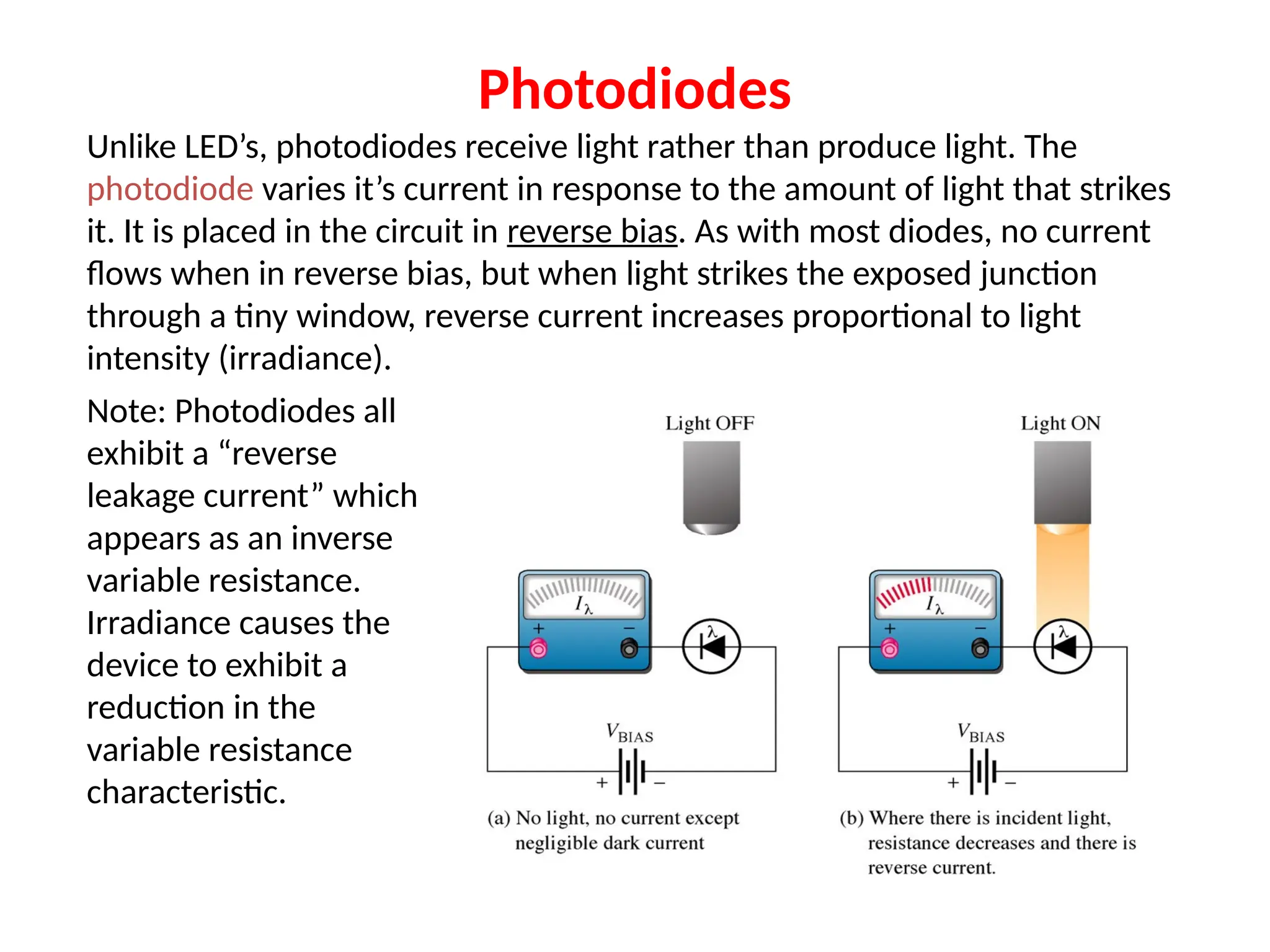 Photodiodes
Unlike LED’s, photodiodes receive light rather than produce light. The
photodiode varies it’s current in response to the amount of light that strikes
it. It is placed in the circuit in reverse bias. As with most diodes, no current
flows when in reverse bias, but when light strikes the exposed junction
through a tiny window, reverse current increases proportional to light
intensity (irradiance).
Note: Photodiodes all
exhibit a “reverse
leakage current” which
appears as an inverse
variable resistance.
Irradiance causes the
device to exhibit a
reduction in the
variable resistance
characteristic.
 