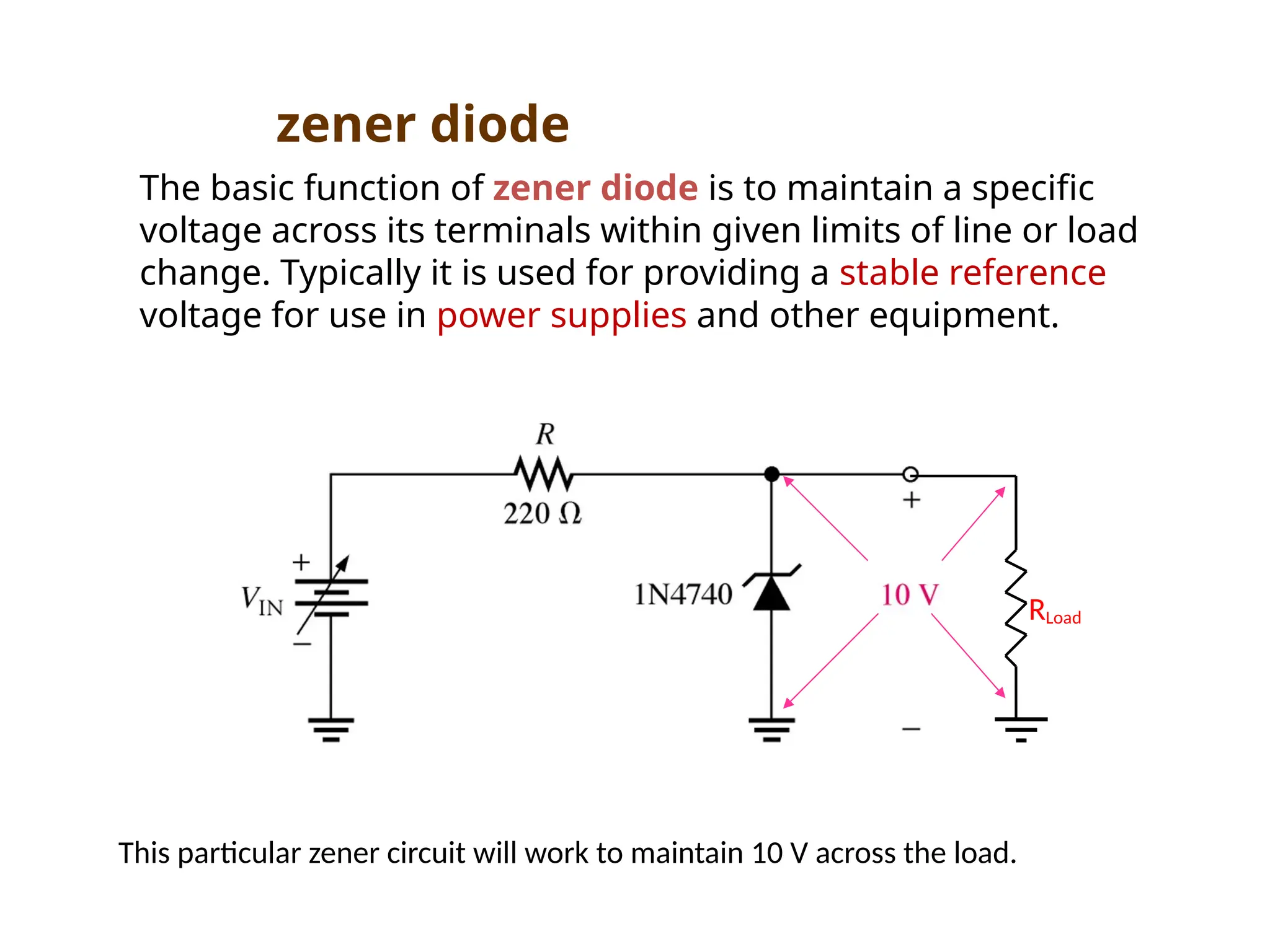 zener diode
The basic function of zener diode is to maintain a specific
voltage across its terminals within given limits of line or load
change. Typically it is used for providing a stable reference
voltage for use in power supplies and other equipment.
This particular zener circuit will work to maintain 10 V across the load.
RLoad
 