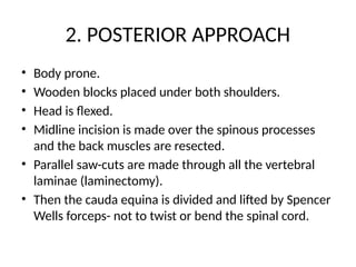 2. POSTERIOR APPROACH
• Body prone.
• Wooden blocks placed under both shoulders.
• Head is flexed.
• Midline incision is made over the spinous processes
and the back muscles are resected.
• Parallel saw-cuts are made through all the vertebral
laminae (laminectomy).
• Then the cauda equina is divided and lifted by Spencer
Wells forceps- not to twist or bend the spinal cord.
 