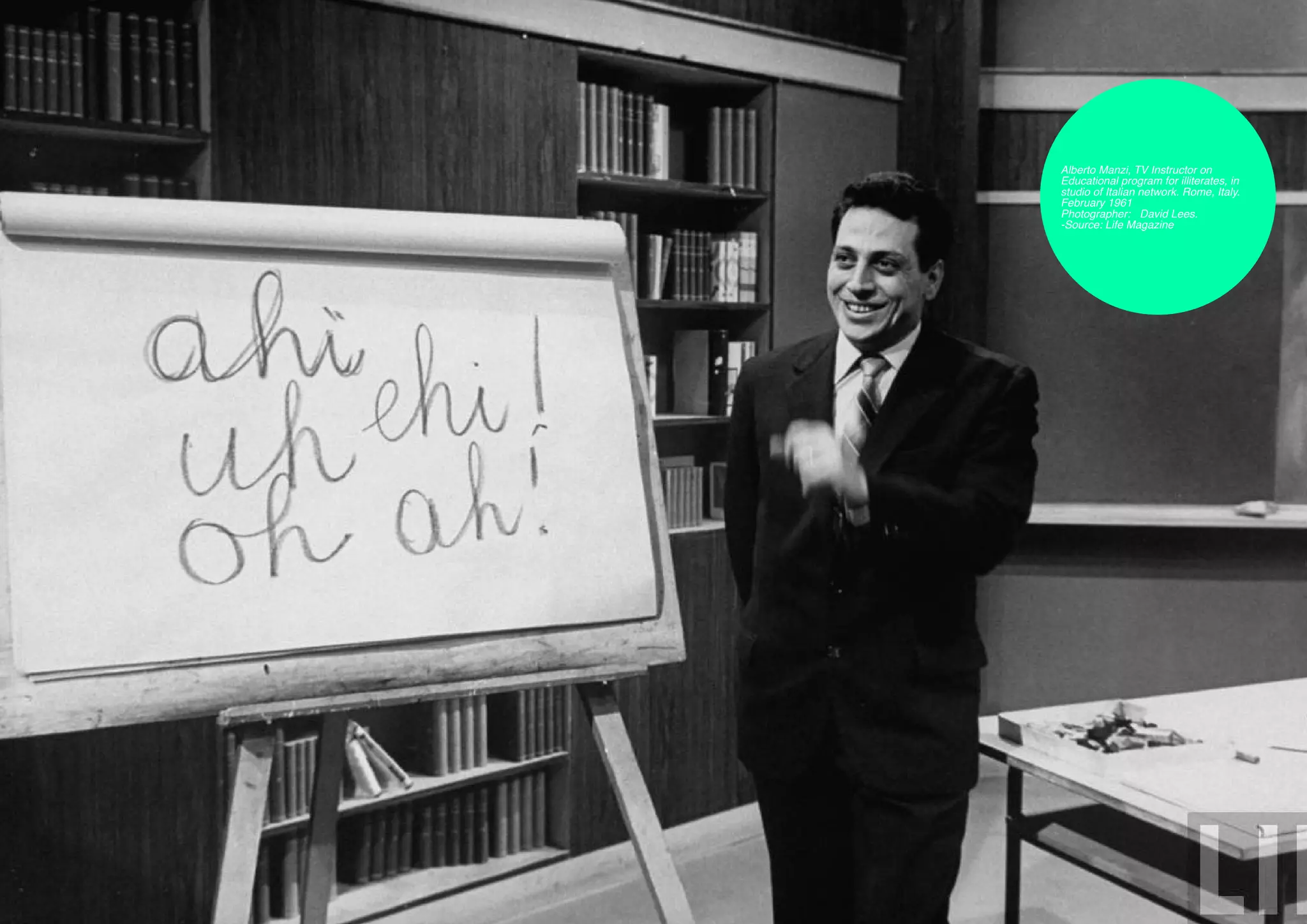 Alberto Manzi, TV Instructor on
     Educational program for illiterates, in
     studio of Italian network. Rome, Italy.
     February 1961
     Photographer:	 David Lees.
     -Source: Life Magazine




31
 