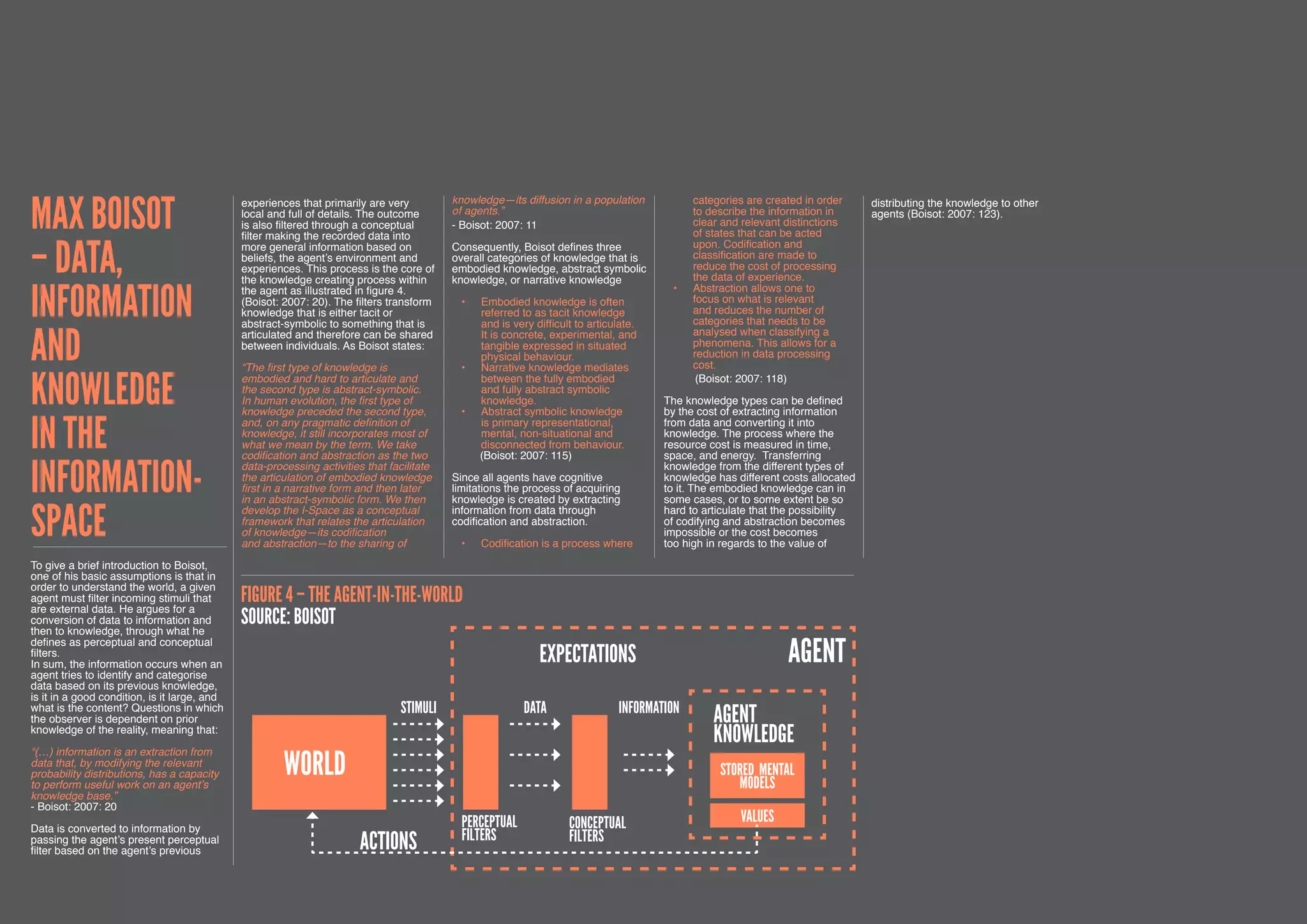 Max Boisot                                    experiences that primarily are very          knowledge—its diffusion in a population            categories are created in order     distributing the knowledge to other
                                              local and full of details. The outcome       of agents.”                                        to describe the information in      agents (Boisot: 2007: 123).
                                              is also filtered through a conceptual        - Boisot: 2007: 11                                 clear and relevant distinctions
                                              filter making the recorded data into                                                            of states that can be acted


– Data,                                       more general information based on            Consequently, Boisot defines three                 upon. Codification and
                                              beliefs, the agent’s environment and         overall categories of knowledge that is            classification are made to
                                              experiences. This process is the core of     embodied knowledge, abstract symbolic              reduce the cost of processing
                                              the knowledge creating process within        knowledge, or narrative knowledge                  the data of experience.


Information                                   the agent as illustrated in figure 4.                                                      •	   Abstraction allows one to
                                              (Boisot: 2007: 20). The filters transform     •	   Embodied knowledge is often                  focus on what is relevant
                                              knowledge that is either tacit or                  referred to as tacit knowledge               and reduces the number of
                                              abstract-symbolic to something that is             and is very difficult to articulate.         categories that needs to be


and                                           articulated and therefore can be shared            It is concrete, experimental, and            analysed when classifying a
                                              between individuals. As Boisot states:             tangible expressed in situated               phenomena. This allows for a
                                                                                                 physical behaviour.                          reduction in data processing
                                              “The first type of knowledge is               •	   Narrative knowledge mediates                 cost.


Knowledge                                     embodied and hard to articulate and                between the fully embodied                    (Boisot: 2007: 118)
                                              the second type is abstract-symbolic.              and fully abstract symbolic
                                              In human evolution, the first type of              knowledge.                             The knowledge types can be defined
                                              knowledge preceded the second type,           •	   Abstract symbolic knowledge            by the cost of extracting information

in the                                        and, on any pragmatic definition of                is primary representational,           from data and converting it into
                                              knowledge, it still incorporates most of           mental, non-situational and            knowledge. The process where the
                                              what we mean by the term. We take                  disconnected from behaviour.           resource cost is measured in time,
                                              codification and abstraction as the two            (Boisot: 2007: 115)                    space, and energy. Transferring

Information-                                  data-processing activities that facilitate                                                knowledge from the different types of
                                              the articulation of embodied knowledge       Since all agents have cognitive              knowledge has different costs allocated
                                              first in a narrative form and then later     limitations the process of acquiring         to it. The embodied knowledge can in
                                              in an abstract-symbolic form. We then        knowledge is created by extracting           some cases, or to some extent be so

space                                         develop the I-Space as a conceptual          information from data through                hard to articulate that the possibility
                                              framework that relates the articulation      codification and abstraction.                of codifying and abstraction becomes
                                              of knowledge—its codification                                                             impossible or the cost becomes
                                              and abstraction—to the sharing of             •	   Codification is a process where        too high in regards to the value of

To give a brief introduction to Boisot,
one of his basic assumptions is that in
order to understand the world, a given
agent must filter incoming stimuli that       Figure 4 – THE AGENT-IN-THE-WORLD
are external data. He argues for a
conversion of data to information and         Source: boisot
then to knowledge, through what he
defines as perceptual and conceptual
filters.
In sum, the information occurs when an
                                                                                                              EXPECTATIONS                                       AGENT
agent tries to identify and categorise
data based on its previous knowledge,
is it in a good condition, is it large, and
what is the content? Questions in which                                          STIMULI                   DATA                 INFORMATION
the observer is dependent on prior                                                                                                                AGENT
knowledge of the reality, meaning that:
                                                                                                                                                  KNOWLEDGE
“(…) information is an extraction from
data that, by modifying the relevant
probability distributions, has a capacity
to perform useful work on an agent’s
                                                       WORLD                                                                                       STORED MENTAL
                                                                                                                                                      MODELS
knowledge base.”
- Boisot: 2007: 20
                                                                                             PERCEPTUAL              CONCEPTUAL                        VALUES
Data is converted to information by
                                                                                             FILTERS                 FILTERS
passing the agent’s present perceptual
filter based on the agent’s previous                                    ACTIONS
                                                                                                                                                                                                                        39
 