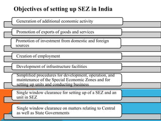 Objectives of setting up SEZ in India
Generation of additional economic activity
Promotion of exports of goods and services
Promotion of investment from domestic and foreign
sources
Creation of employment
Development of infrastructure facilities
Simplified procedures for development, operation, and
maintenance of the Special Economic Zones and for
setting up units and conducting business
Single window clearance for setting up of a SEZ and an
unit in SEZ
Single window clearance on matters relating to Central
as well as State Governments

 