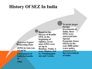 History Of SEZ In India

first ever Export
Processing Zone
(EPZ) in Asia was
set up by
Government of
India in Kandla
in
1965.

Based on the
success of Kandla
EPZ, in the
beginning of
eighties, seven
more EPZs were
set up in
Bombay, Noida, S
urat, Madras, Fal
ta, Visakhapaptn
am and Cochin.

To invite larger
foreign
investments in
India, these
EPZs were
converted into
Special
Economic Zones
(SEZs) in the
year 2000 under
a new policy
announced by
the Government
of India.

 
