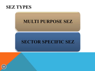 SEZ TYPES
MULTI PURPOSE SEZ

SECTOR SPECIFIC SEZ

64

 