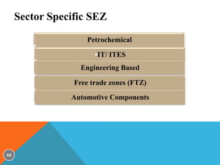 Sector Specific SEZ
Petrochemical
•IT/ ITES
Engineering Based
Free trade zones (FTZ)
Automotive Components

66

 