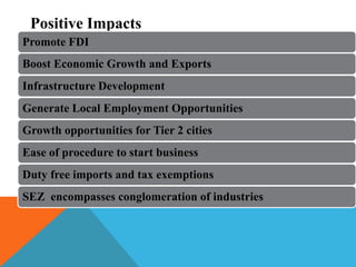 Positive Impacts
Promote FDI
Boost Economic Growth and Exports
Infrastructure Development
Generate Local Employment Opportunities
Growth opportunities for Tier 2 cities
Ease of procedure to start business
Duty free imports and tax exemptions
SEZ encompasses conglomeration of industries

 