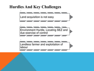 Hurdles And Key Challenges
.

Land acquisition is not easy
.
Environment Hurdle, Locating SEZ and
due exercise of control
.
Landless farmer and exploitation of
labour

 