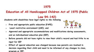 1975
Education of All Handicapped Children Act of 1975 (Public
Law 94-142)
Students with disabilities have legal rights to the following
● Free and appropriate public education (FAPE);
● Least restrictive environment (LRE); and
● Approved and appropriate accommodations and modifications during assessments,
and an individualized education plan (IEP).
● Before parents did not have rights to view their child's record and had little to no
input for IEP
● Effect of special education was changed because now parents are involved in
decision regarding their child and need to be informed of any changes to class,
program or IEP.
 
