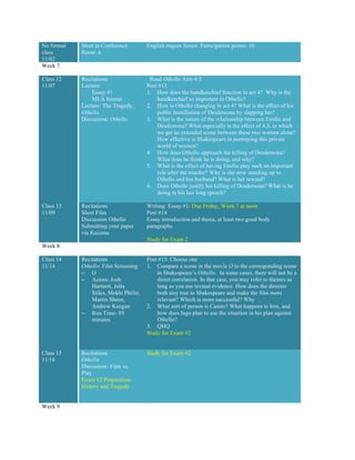 No formal
class
11/02
Meet in Conference
Room A
English majors forum. Participation points: 10
Week 7
Class 12
11/07
Recitations
Lecture:
Essay #1
MLA format
Lecture: The Tragedy;
Othello
Discussion: Othello
Read Othello Acts 4-5
Post #13
1. How does the handkerchief function in act 4? Why is the
handkerchief so important to Othello?
2. How is Othello changing in act 4? What is the effect of his
public humiliation of Desdemona by slapping her?
3. What is the nature of the relationship between Emilia and
Desdemona? What especially is the effect of 4.3, in which
we get an extended scene between these two women alone?
How effective is Shakespeare in portraying this private
world of women?
4. How does Othello approach the killing of Desdemona?
What does he think he is doing, and why?
5. What is the effect of having Emilia play such an important
role after the murder? Why is she now standing up to
Othello and her husband? What is her reward?
6. Does Othello justify his killing of Desdemona? What is he
doing in his last long speech?
Class 13
11/09
Recitations
Short Film
Discussion Othello
Submitting your paper
via Kaizena
Writing: Essay #1: Due Friday, Week 7 at noon
Post #14
Essay introduction and thesis, at least two good body
paragraphs.
Study for Exam 2
Week 8
Class 14
11/14
Recitations
Othello: Film Screening
– O
– Actors: Josh
Hartnett, Julia
Stiles, Mekhi Phifer,
Martin Sheen,
Andrew Keegan
– Run Time: 95
minutes
Post #15: Choose one
1. Compare a scene in the movie O to the corresponding scene
in Shakespeare’s Othello. In some cases, there will not be a
direct correlation. In that case, you may refer to themes as
long as you use textual evidence. How does the director
both stay true to Shakespeare and make the film more
relevant? Which is more successful? Why
2. What sort of person is Cassio? What happens to him, and
how does Iago plan to use the situation in his plan against
Othello?
3. QHQ
Study for Exam #2
Class 15
11/16
Recitations
Othello
Discussion: Film vs.
Play
Exam #2 Preparation:
History and Tragedy
Study for Exam #2
Week 9
 
