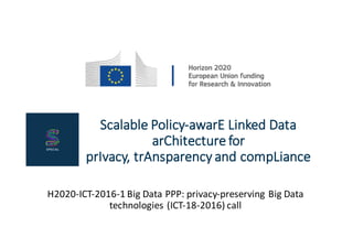 Scalable	
  Policy-­‐awarE Linked	
  Data	
  
arChitecture for	
  
prIvacy,	
  trAnsparency and	
  compLiance
H2020-­‐ICT-­‐2016-­‐1	
  Big	
  Data	
  PPP:	
  privacy-­‐preserving	
  Big	
  Data	
  
technologies	
  (ICT-­‐18-­‐2016)	
  call
 