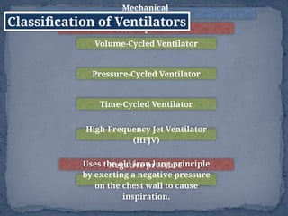 Mechanical
Ventilation
Positive pressure
Volume-Cycled Ventilator
Pressure-Cycled Ventilator
Time-Cycled Ventilator
High-Frequency Jet Ventilator
(HFJV)
Negative pressure
Uses the old iron lung principle
by exerting a negative pressure
on the chest wall to cause
inspiration.
Classification of Ventilators
 