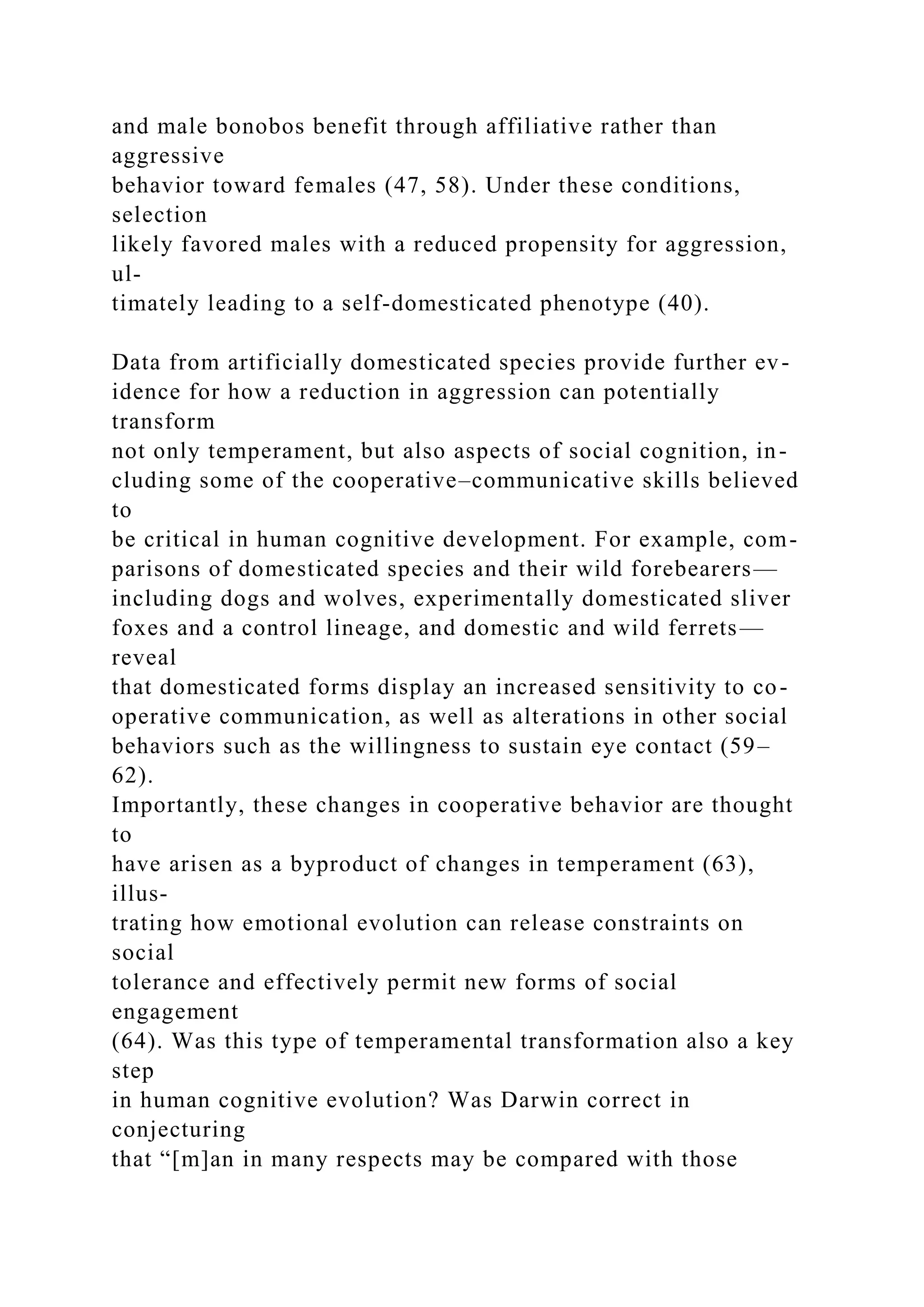 and male bonobos benefit through affiliative rather than
aggressive
behavior toward females (47, 58). Under these conditions,
selection
likely favored males with a reduced propensity for aggression,
ul-
timately leading to a self-domesticated phenotype (40).
Data from artificially domesticated species provide further ev-
idence for how a reduction in aggression can potentially
transform
not only temperament, but also aspects of social cognition, in-
cluding some of the cooperative–communicative skills believed
to
be critical in human cognitive development. For example, com-
parisons of domesticated species and their wild forebearers—
including dogs and wolves, experimentally domesticated sliver
foxes and a control lineage, and domestic and wild ferrets—
reveal
that domesticated forms display an increased sensitivity to co-
operative communication, as well as alterations in other social
behaviors such as the willingness to sustain eye contact (59–
62).
Importantly, these changes in cooperative behavior are thought
to
have arisen as a byproduct of changes in temperament (63),
illus-
trating how emotional evolution can release constraints on
social
tolerance and effectively permit new forms of social
engagement
(64). Was this type of temperamental transformation also a key
step
in human cognitive evolution? Was Darwin correct in
conjecturing
that “[m]an in many respects may be compared with those
 